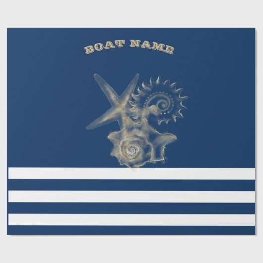 Nautic, Gold Seashells Navy Blue Stripes Geschenkpapier (Flach)