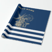 Nautic, Gold Seashells Navy Blue Stripes Geschenkpapier (Ungerollt)