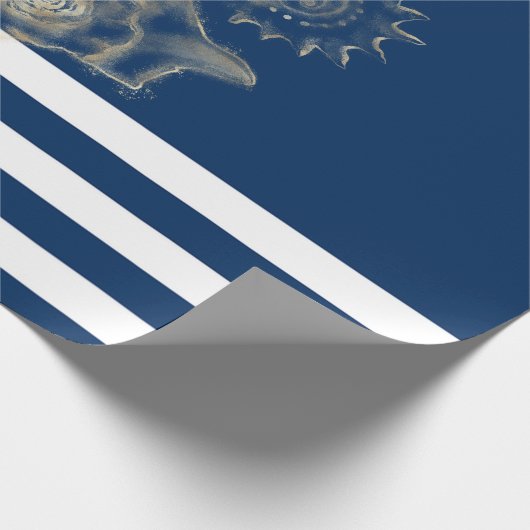 Nautic, Gold Seashells Navy Blue Stripes Geschenkpapier (Ecke)
