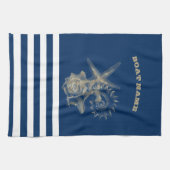 Nautic, Gold Seashells Navy Blue Stripes Geschirrtuch (Horizontal)