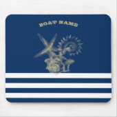 Nautic, Gold Seashells Navy Blue Stripes Mousepad (Vorne)