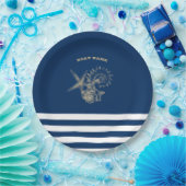 Nautic, Gold Seashells Navy Blue Stripes Pappteller (Party)