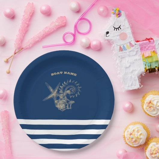 Nautic, Gold Seashells Navy Blue Stripes Pappteller (Party)