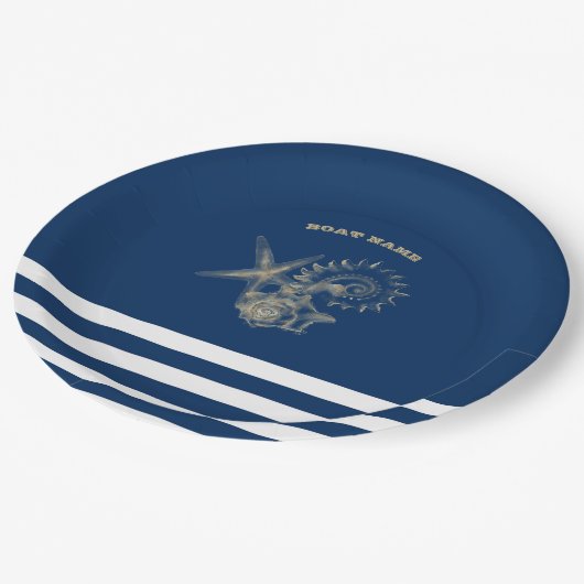 Nautic, Gold Seashells Navy Blue Stripes Pappteller (Schrägansicht)