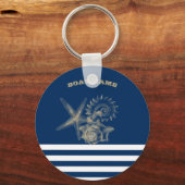Nautic, Gold Seashells Navy Blue Stripes Schlüsselanhänger (Vorderseite)