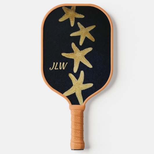 Nautic Golden Starfish Mit Monogramm Black Pickleball Schläger (Vorderseite)