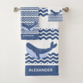 Nautic Gray Blue White Whale Waves Badhandtuch Set (Insitu)