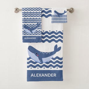 Nautic Gray Blue White Whale Waves Badhandtuch Set
