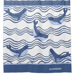 Nautic Gray Blue White Whale Waves Duschvorhang