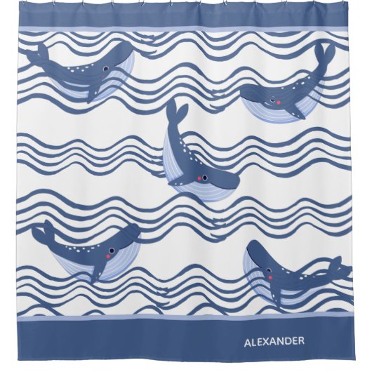 Nautic Gray Blue White Whale Waves Duschvorhang (Vorderseite)