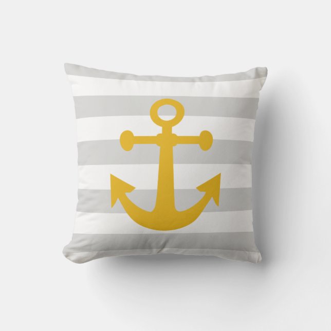 Nautic Gray Streifen Mustard Yellow Anchor Kissen (Vorderseite)