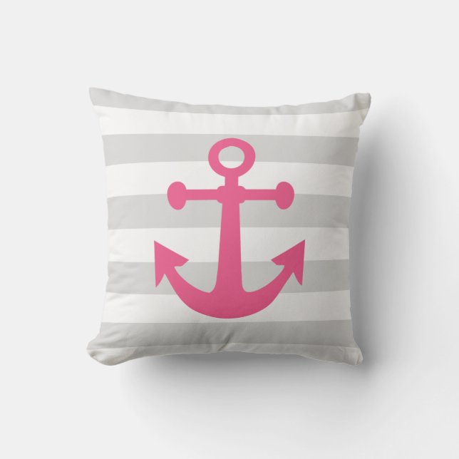 Nautic Gray Stripes Pink Anchor Kissen Für Draußen (Vorderseite)