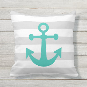Nautic Gray Stripes Türkis Anchor Kissen Für Draußen