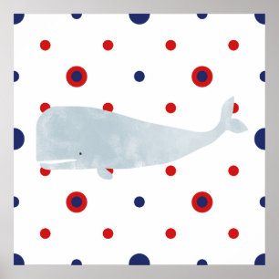 Nautic Gray Watercolor Whale Red Blue Banner Poster