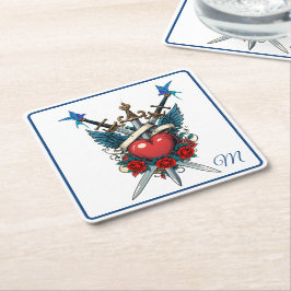 Nautic Heart Floral Red Blue Rechteckiger Pappuntersetzer