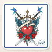 Nautic Heart Floral Red Blue Rechteckiger Pappuntersetzer (Vorderseite)