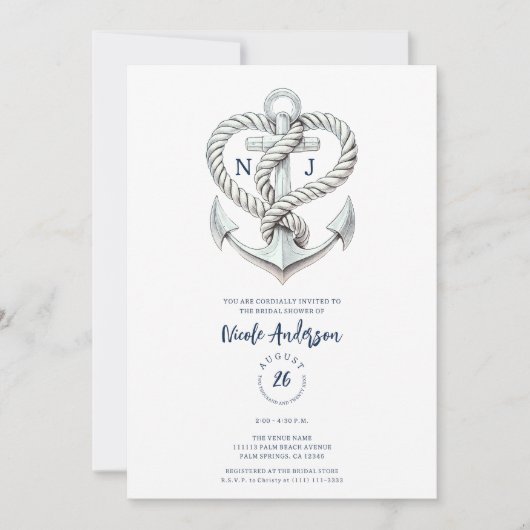 Nautic Heart Rope Anchor Coastal Brautparty Einladung (Vorderseite)
