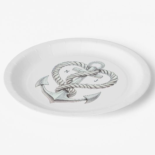 Nautic Heart Rope Anchor Coastal Wedding Pappteller (Schrägansicht)