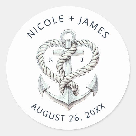 Nautic Heart Rope Anchor Coastal Wedding Runder Aufkleber (Vorderseite)