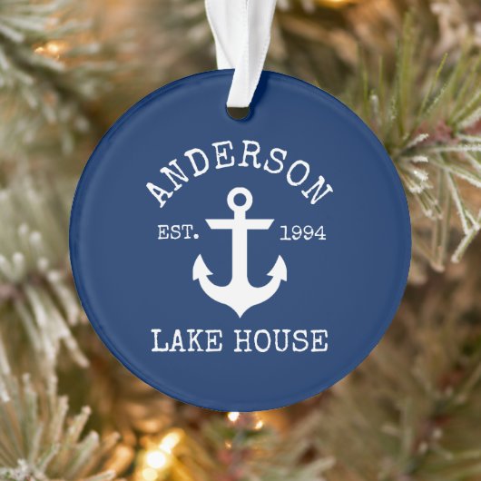 Nautic Lake House Anchor Family Name Blue Ornament (Baum)