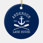 Nautic Lake House Anchor Oars Familienname Blau Keramik Ornament (Vorne)