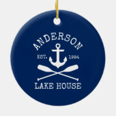 Nautic Lake House Anchor Oars Familienname Blau Keramik Ornament (Hinten)