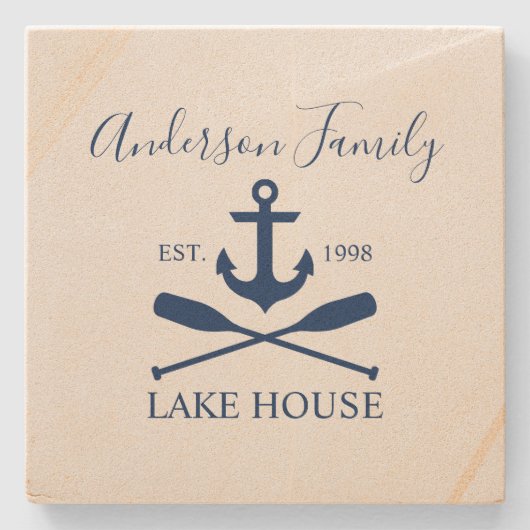 Nautic Lake House Anchor Oars Family Navy Blue Steinuntersetzer (Vorderseite)