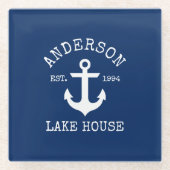 Nautic Lake House Familienname Anchor Navy Blue Glasuntersetzer (Vorderseite)