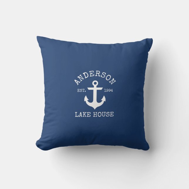Nautic Lake House Familienname Anchor Navy Blue Kissen (Vorderseite)