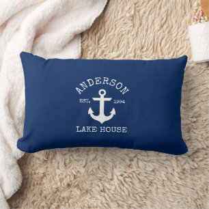 Nautic Lake House Familienname Anchor Navy Blue Lendenkissen