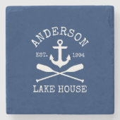Nautic Lake House Family Anchor Oars Navy Blue Steinuntersetzer (Vorderseite)