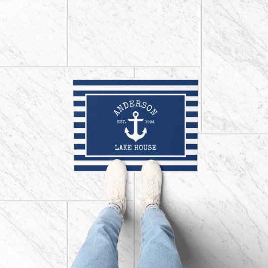 Nautic Lake House Navy Blue Striped Anchor Fußmatte (Indoor)