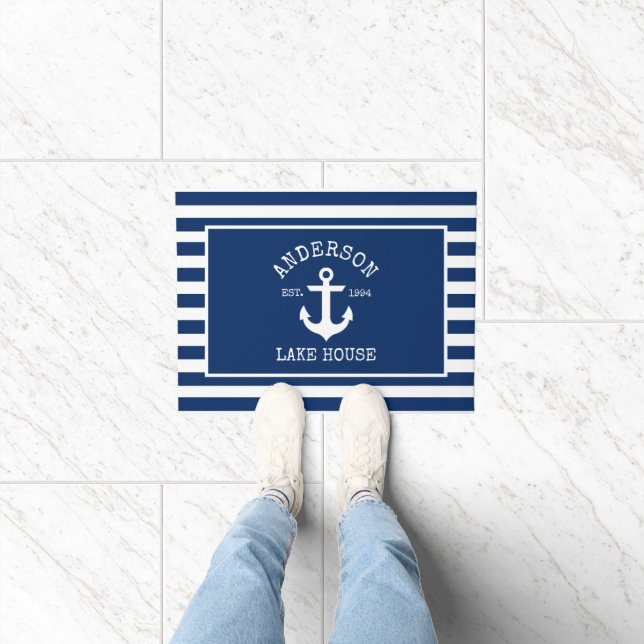 Nautic Lake House Navy Blue Striped Anchor Fußmatte (Indoor)