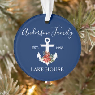 Nautic Lake House Winter Floral Navy Blue Ornament