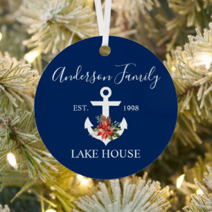 Nautic Lake House Winter Floral Navy Blue Ornament Aus Metall