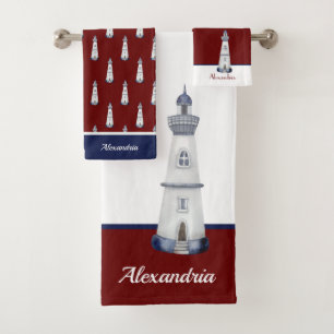 Nautic Light House Burgundy Maroon Navy Blue Badhandtuch Set