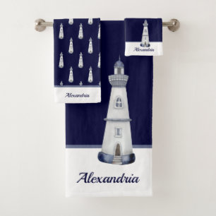 Nautic Light House Navy Blue in White Badhandtuch Set