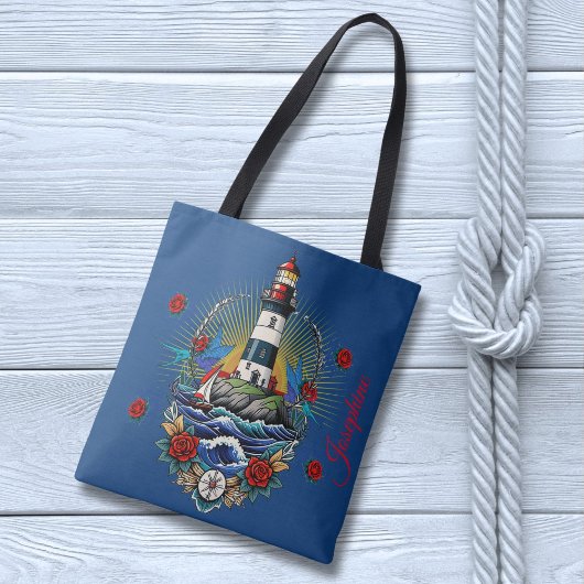 Nautic Lighthouse Blue Floral Red Tasche