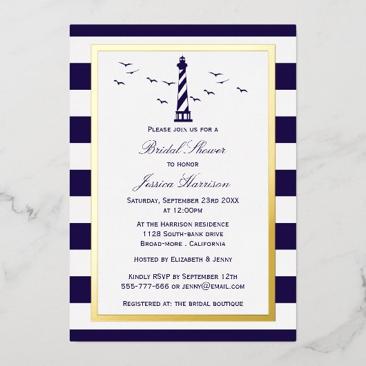 Nautic Lighthouse Navy Stripe Brautparty Real Folieneinladung (Vorderseite)