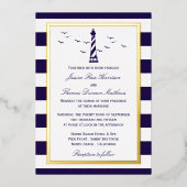 Nautic Lighthouse Navy Stripe Hochzeit Real Folieneinladung (Vorderseite)