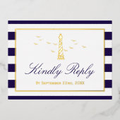 Nautic Lighthouse Wedding RSVP Real Folie Einladungspostkarte (Vorderseite)