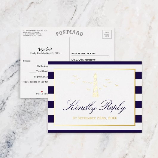 Nautic Lighthouse Wedding RSVP Real Folie Einladungspostkarte