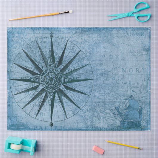 Nautic Map Sailboat Compass Decoupage Blue Seidenpapier (Basteln)