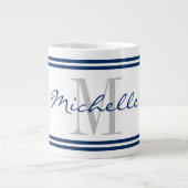 Nautic Marine Blue Streifen Custom Monogramm groß Jumbo-Tasse (Vorderseite)