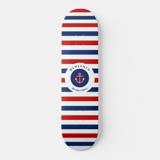 Nautic Marine Navy Blaue weiße Streifen Skateboard (Vorderseite)