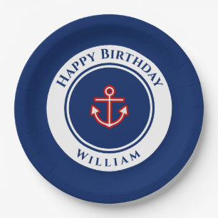 Nautic Marine Navy Blue Red White Birthday Party Pappteller