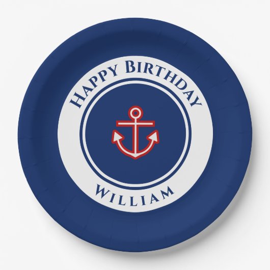 Nautic Marine Navy Blue Red White Birthday Party Pappteller (Vorderseite)