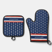 Nautic Mit Monogramm Navy Blue White Anchor Ofenhandschuh & Topflappen-Set (Vorderseite)