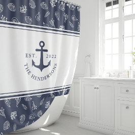 Nautic Mit Monogramm White Navy Blue Anchor Duschvorhang
