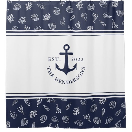 Nautic Mit Monogramm White Navy Blue Anchor Duschvorhang (Vorderseite)